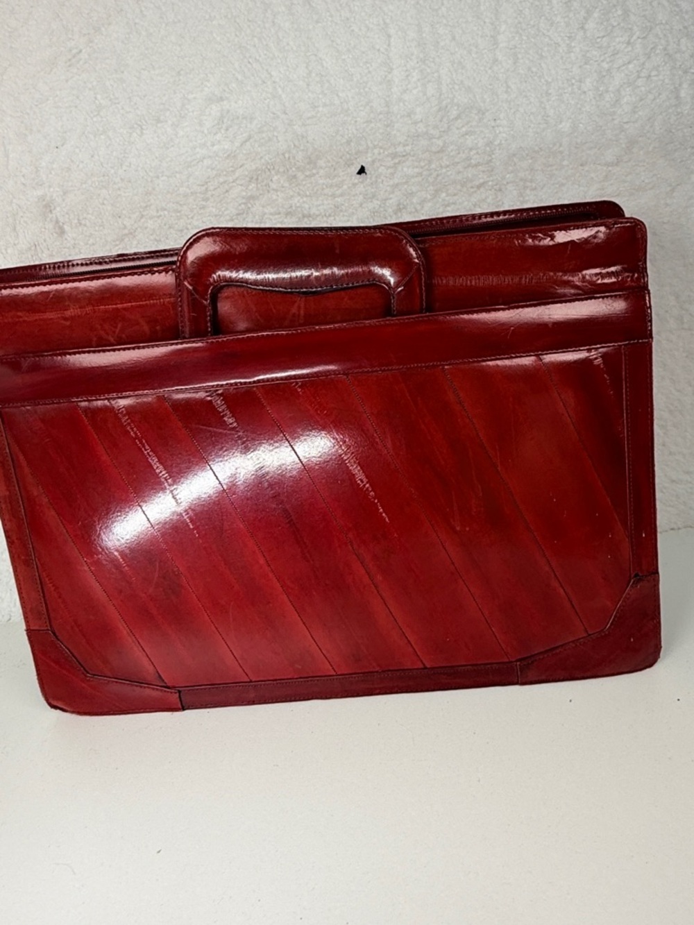Vintage Eel Skin Leather Briefcase Red Glossy Document Bag Soft